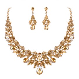 EVER FAITH Women's Necklace Earrings Set Rhinestone Crystal Wedding 2 Layers Flower Leaf Teardrop Jewellery Set Clear, Crystal, Crystal