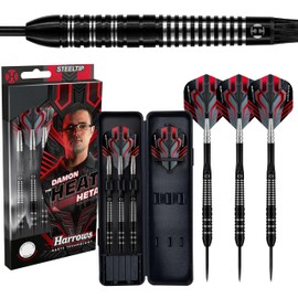 Harrows Damon Heta 90% Tungsten Steel Tip Darts Set 21g, 23g & 25g - Includes Black Alamo Shafts, Damon’s Signature Flights & Travel Case (21g)