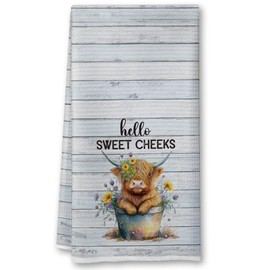 Farmhouse Bathroom Towels Funny Highland Cow Decorative Hand Towels for Bathroom 16x24, Funny Highland Cow Bathroom Hand Towels, Hello Sweet Cheek Highland Cow Towel, Funny Towel Gifts for Cow Lover
