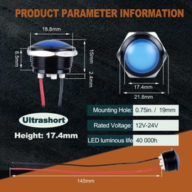 DMWD 2PCS 19mm 3/4 inches Metal Indicator Light, 12-24V AC/DC Waterproof IP67 Single lamp LED Pilot Lamp Raised Head with Wire for Car Truck Boat (Blue LED) Black Anodized Shell