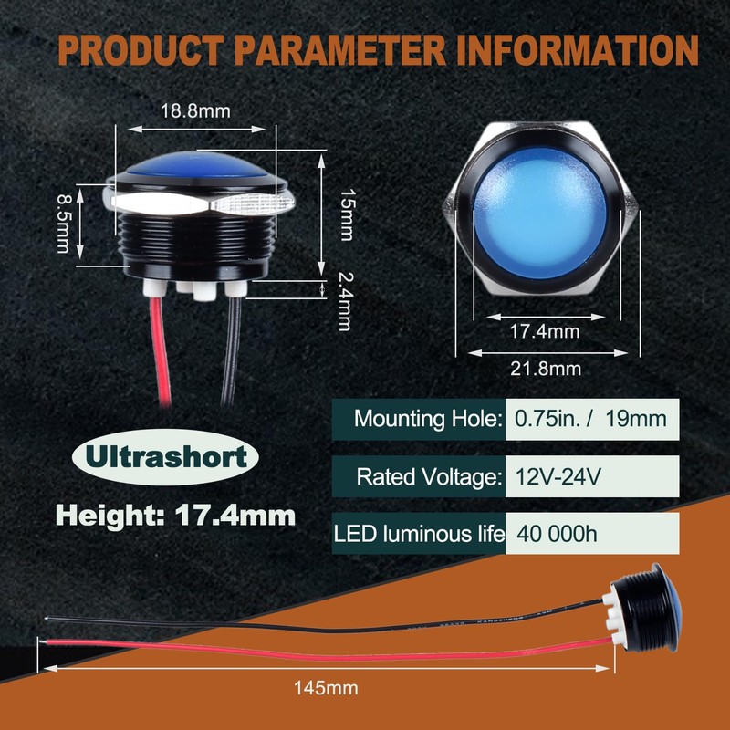 DMWD 2PCS 19mm 3/4 inches Metal Indicator Light, 12-24V AC/DC