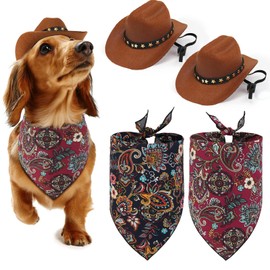 JUPSK Pet Dogs Cats Cowboy Costume Hats and Bandanas Scarf Set of 4, Pet Cowboy Caps and Triangle Scarves Accessories for Puppy Kitten, Pet Party Festival and Daily Wearing Decoration