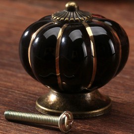 2 x Black Pumpkin Ceramic Door Handles Cupboard Dresser Drawer Kitchen Furniture Knob Vintage Style
