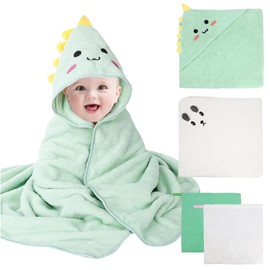 2Pcs Hooded Baby Towels with 2Pcs Baby Washcloths, 80x80cm Soft and Absorbent Towel Set for Newborn Boys and Girls, Cute Animal Design Baby Bath Towels
