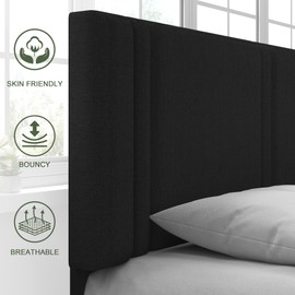 Feonase Queen Platform Bed Frame, Fabric Upholstered Wingback Bed Frame, Solid Wood Slats & Heavy Duty Feet Support, No Box Spring Needed, Noise-Free, Easy Assembly, Black