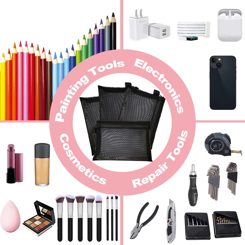 Gelapa 4Pack Small Make Up Bag for Purse, Black Mesh