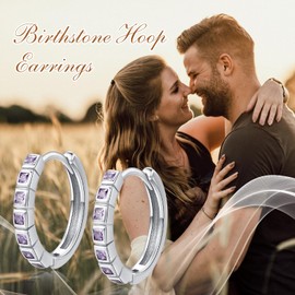 KINGWHYTE Baguette Earrings 925 Sterling Silver Birthstone Hoop Earrings Cubic Zirconia Huggie Small Earring Birthday Jewelry Gifts for Women Ladies, June