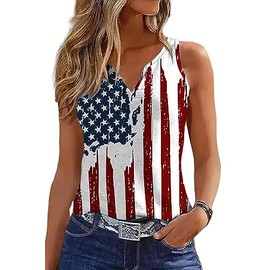 Ovazly Women 4th of July V-Neck Tank Tops American Flag Print Vest USA Flag Sleeveless Tee Patriotic Summer Shirts(Medium,A4-White31)