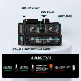 TUSDAR Headlight Assembly w/Bulbs for Chevy 94-99 C/K 1500 Suburban 95-99 Chevy Tahoe 94-00 C/K2500 K3500 94-02 C3500 94 Blazer with Corner and Bumper Light 8pcs Smoke Lens