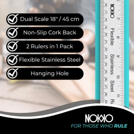 NOKKO Metal Ruler 18 Inch - Cork Backed Ruler, Pack of 2 | Stainless Steel Precision Straight Edge Rulers for Crafts, Non-Slip Craft Rulers for Accurate Measurements