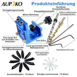 Aupoko Pocket Hole Jig Set, Pocket Hole Drilling Template for Wood Dowels with 2 Pieces 9 mm Drills and 10 Pieces M4 Screws Drilling Aid Oblique Hole for Woodworking, Furniture Making