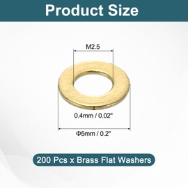 sourcing map 200Pcs Brass Flat Washers, M2.5x5x0.4mm Brass Washer Seal Gaskets Flat Ring for Screws Bolts Machinery Repair, Outdoor Construction