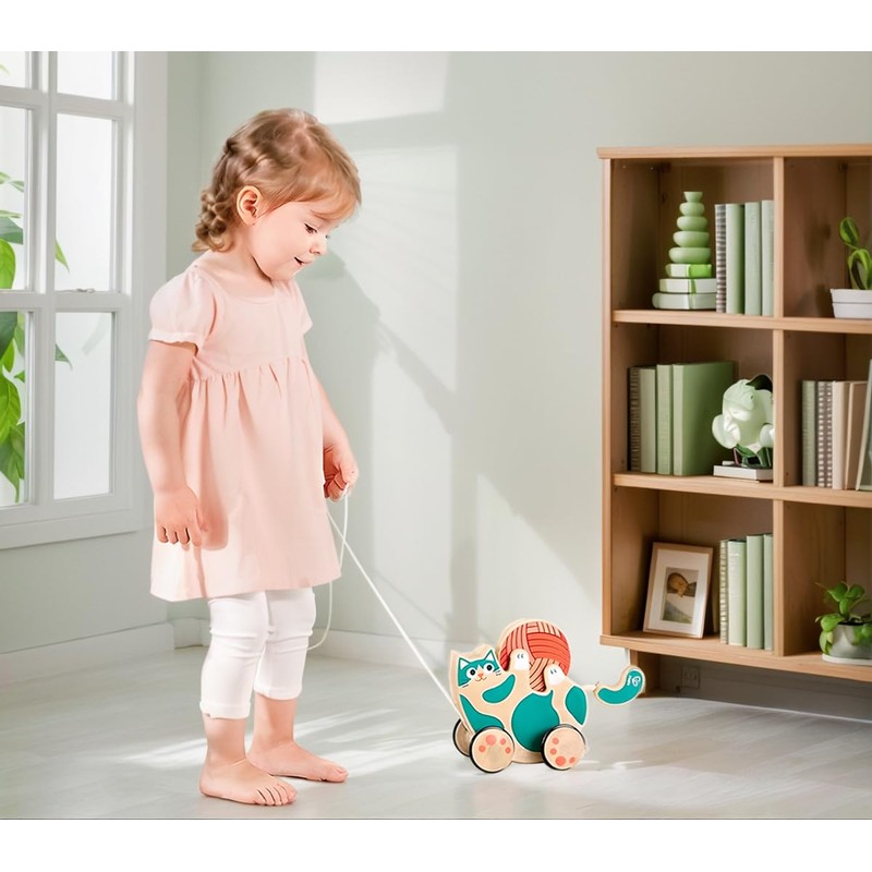 Hape Wooden Walk-A-Long Kitten Pull Toy| Roll & Rattle Push
