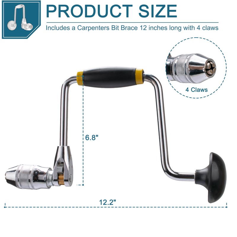 LikeLion Professional Carpenters Bit Brace Hand Crank Drill with 12-Inch