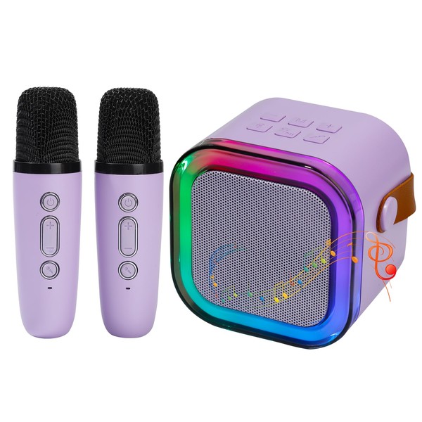 Mini Karaoke Speaker with 2 Wireless Microphones,Voice Effects,LED Lights, Portable