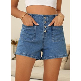 Sidefeel Women's Jean Shorts High Waisted Button Fly Stretchy Summer Denim Shorts with Pockets Dark Blue Size 8