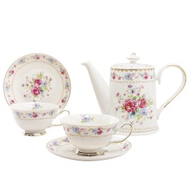 Gracie China by Coastline Imports Floral Bouquet Tea Set, 34-Ounce / 7-Ounce, Pink, Blue