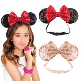 DRESHOW Minnie Ears Headbands Mouse Ears Sequin Bow Headbands Elastic Adjustable Headband Glitter Party Decoration Cosplay Costume for Women Girls