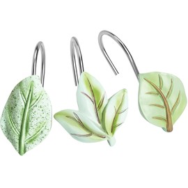 Leaf Shower Curtain Hooks, Decorative Shower Curtain Rings, CHICTIE Rust Proof Stainless Steel Shower Hooks for Bathroom, Green Plant Leaves Shower Curtain Hooks Set of 12