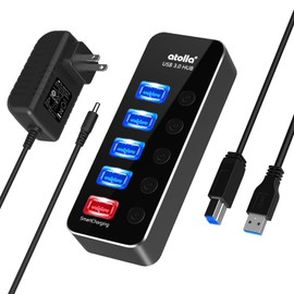 USB 3.0 Hub, Power Included, atolla USB Hub, 5 Ports, USB 3.0 Ports x 4 + Charging Port x 1, USB Hub, Self-Powered, Bus-Powered, USB HUB, Aluminum, Independent Switch, USB3.0 Expansion, 5 Gbps High