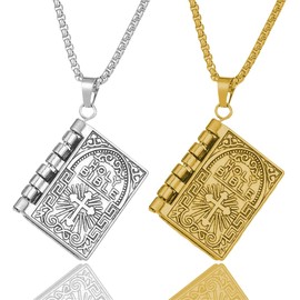 FENQURO 2 Pieces Jewellery Stainless Steel Photo Locket for Opening Photo Pictures Amulet Silver/Gold Square Book Book Pendant Necklace Chain for Men Women