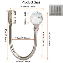 Coolnice 2 Pack Decorative Curtain Drapery Holdbacks Wall Mounted Curtain Tieback U Shape Curtain Tiebacks Hooks Crystal Hooks with Screw for Home Office-Silver