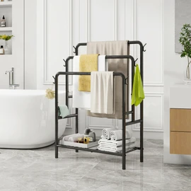 Free Standing Towel Racks for Bathroom, 3 Tiers Towel Rack Stand Floor Bath Towel Holder with 6 Hooks, Black Metal Modern Towel Organizers and Bathroom Storage for Laundry Room, Pool, Outdoor