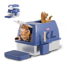 CubCore Stainless Steel Litter Box Extra-Large 23.6" with Dual Entry Enclosed Removable Metal Litter Box with High Sided Enclosure & Scoop for Big Cat Non-Sticky Easy Cleaning (Blue)
