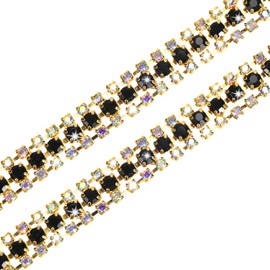M METERXITY 2-Pack Crystal Rhinestone Close Chain Trim, 3 Rows 1 Yard Dress Embellishments, Sparkly Diamond Strips Applique Embellishment for Craft/Sewing/Wedding [Gold-Based AB Black]