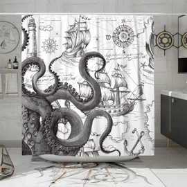 DESIHOM Gray Nautical Octopus Shower Curtain Set, Funny Ocean Kraken Shower Curtains for Bathroom, Beach Coastal Pirate Map Decor Polyester Fabric-72" x 72"