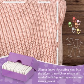 JABNOW Comb Needles Knitting Blockers Knitting Set with 50 T-Needles, Knitting Blocker Knitting Blocking Combs Tension Pins with 20 Stitch Markers, Curved Knitting Blocking Combs Tension Needles