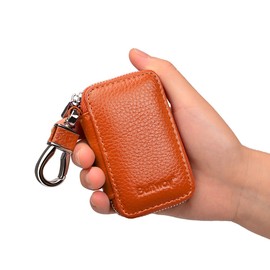 Buffway Car Keychain,Genuine Leather Car Key Chain Coin Holder Metal Hook and Keyring Wallet Zipper Bag for Vehicle Keyless Entry - Brown
