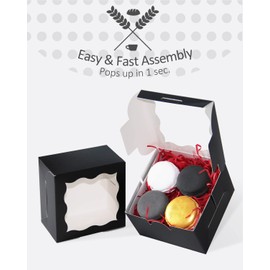 qiqee Black Bakery Boxes with Window 4*4*2.5inch/100Packs Mini Cookie Boxes Macaron boxes Small Donut Pastry Boxes for Party (5 Diferent Gift Include)
