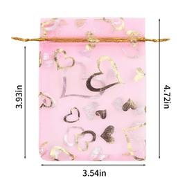 CCINEE 3.5x4.7 Inches Organza Bags ，Candy Gift Bags 100 Pieces (Gold Heart Pink Bag)