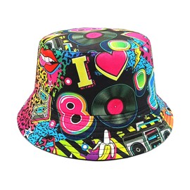 MILAKOO 80s Bucket Hat for Men Women Funny Retro Party Hat Vintage Print Fisherman Hat Unisex Reversible Portable Hat for Disco Hip Hop Outdoor, A9: Retro 80s