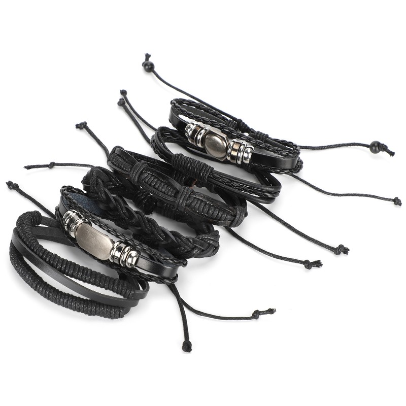 2Sets Adjustable Braided Bracelet Metal Inlaid Wristband Retro Style Cuff
