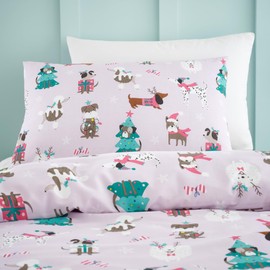 Happy Linen Company Girls Boys Kids Santa Paws Christmas Dogs Lilac Single Reversible Soft Easy Care Bed Linen Duvet Cover Quilt Bedding Set With Pillow Case