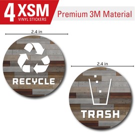 8 Pack Recycle and Trash Stickers - 2.5in Circle - to Organize Your Home and Kitchen Trash - for Trash Bins, Garbage Cans and Recycle Bins - Premium UV Protected Vinyl Sticker (Wood Planks - Brown)