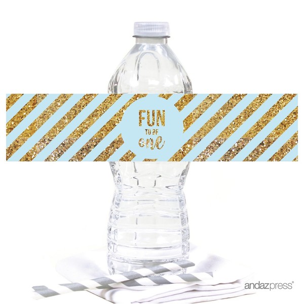 Andaz Press Light Blue Gold Glitter Boy's 1st Birthday Party Collection, Water Bottle Label Stickers, 20-Pack