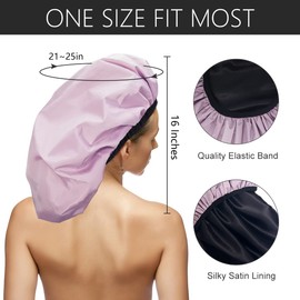 Auban Gorro de ducha extra grande para trenzas, doble capa impermeable reutilizable forro de satén XL, para mujeres grueso, pelo largo, rastas y trenzas (rosa)