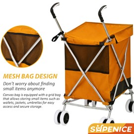 Supenice Shopping Carts for Groceries Foldable Rolling Trolley with 360° Double Front Swivel Wheels Waterproof Removable Canvas Liner with Cover for Laundry Grocery, Baggage, Picnic (Orange)