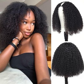 Afro Kinky Curly Human Hair Wigs Upgrade V Part Wigs Human Hair With Drawstring,200% Density Wear And Go Glueless Wig Full Head Clip Ins Half Wig(24 Inch,Natural Color)