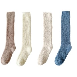 Fuzzy Socks for Women 4 Pairs Knee Fuzzy Socks Soft Warm High Socks Plush Winter Long Socks Assorted (AU, Alpha, One Size, Regular, Regular, 4 Pairs(Blue;White;Brown;Light Yellow))