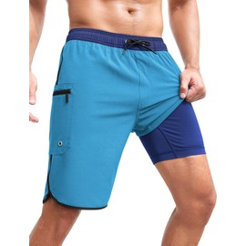SILKWORLD - Traje de baño para hombre con forro de compresión de 9 pulgadas de largo, pantalones cortos de playa de secado rápido 2 en 1, con bolsillos, Azul eléctrico, M
