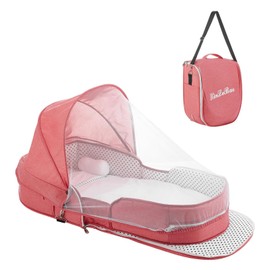 Tuyedoqe Baby Travel Bassinet Portable Bassinets, Foldable Converts to Backpack for Travel, Lightweight Travel Baby Lounger with 2-1 Mosquito & Canopy (Pink)