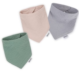 Räuberella 3 Muslin Scarves 100% Cotton Triangular Scarf Burp Cloth Drool Bib Neckerchief 0-18 Months, Green, beige, blue-grey