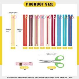 Mardatt 10Pcs Nylon Resin Zipper, 10 Colors Plastic Zippers with Lifting Ring Pull, Sewing Zippers with Soft Ruler, Scissor for DIY Sewing Craft Bag Garment - 20 cm/ 8 Inch