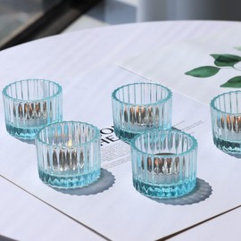 VOHO Blue Ribbed Candle Holder for Christmas Decorations, Tealight Candle Holder Set of 12 for Boy Baby Shower, Glass Tea Lights Candle Holder Wedding Centerpieces for Tables