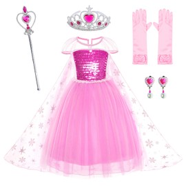 Party Chili Pink Princess Dress Costumes Birthday Dress Up for Little Girls with Crown,Mace,Gloves Accessories 6-7 Years(130cm)