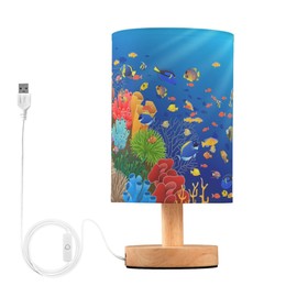 YYZZH Table Lamp Underwater Sea Fish Coral Ocean Sunshine Nightstand Lamp with Wood Base Fabric Lamp Shade Bedside Desk Lamp for Living Room Bedroom Kids Room Office